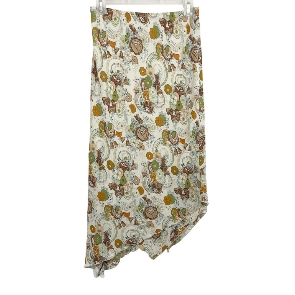 Vintage Y2K Cream Retro Floral Asymmetrical Hem Pull On Midi Skirt - Size 6
